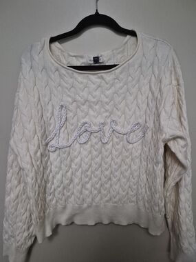 Universal Thread Cream Cable-Knit 'Love' Crewneck Sweater